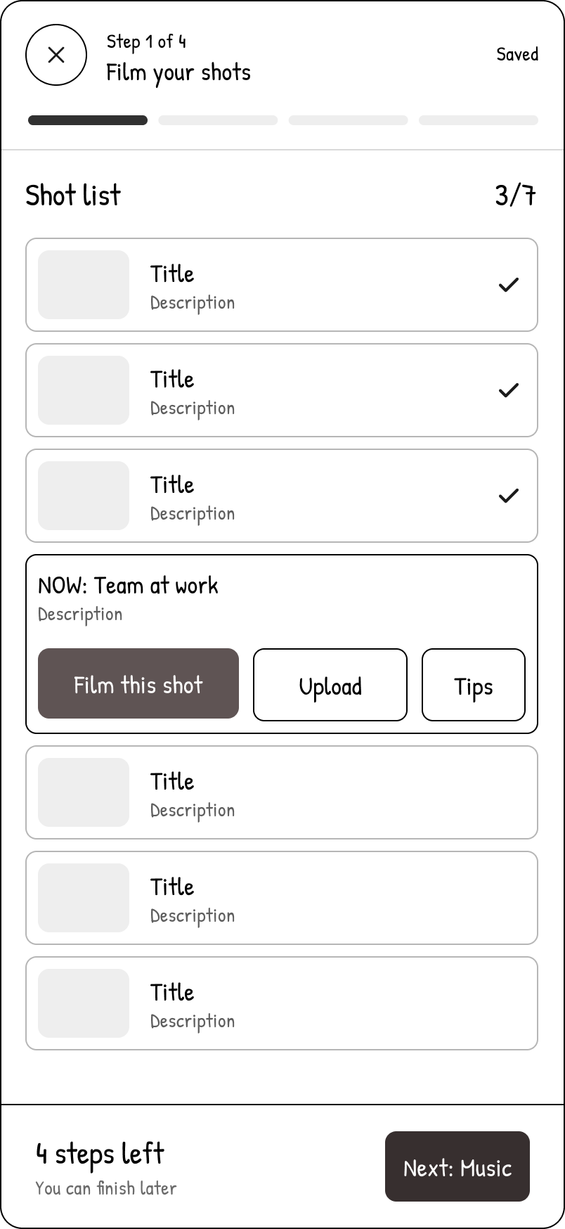 Wireframe: Shot list